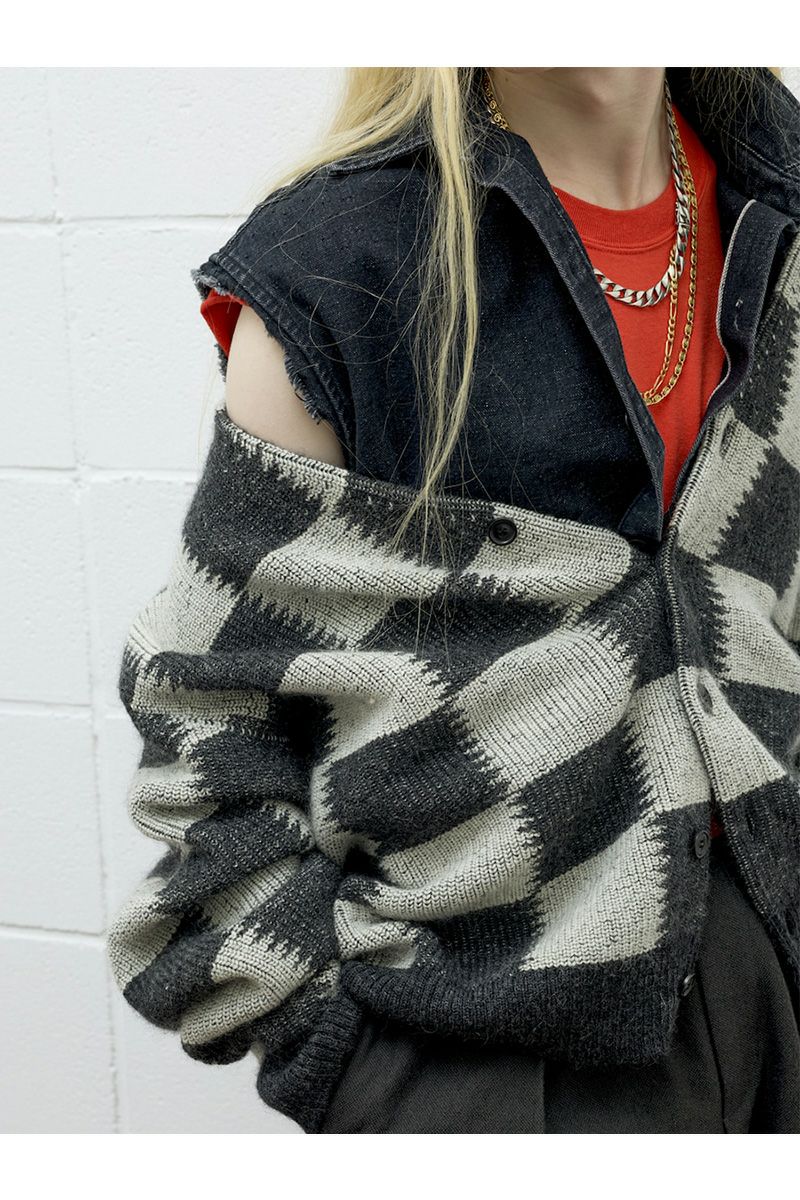 UNUSED(アンユーズド)Checkered flag cardigan　チェッカーフラッグVネックカーディガン US2364 -11