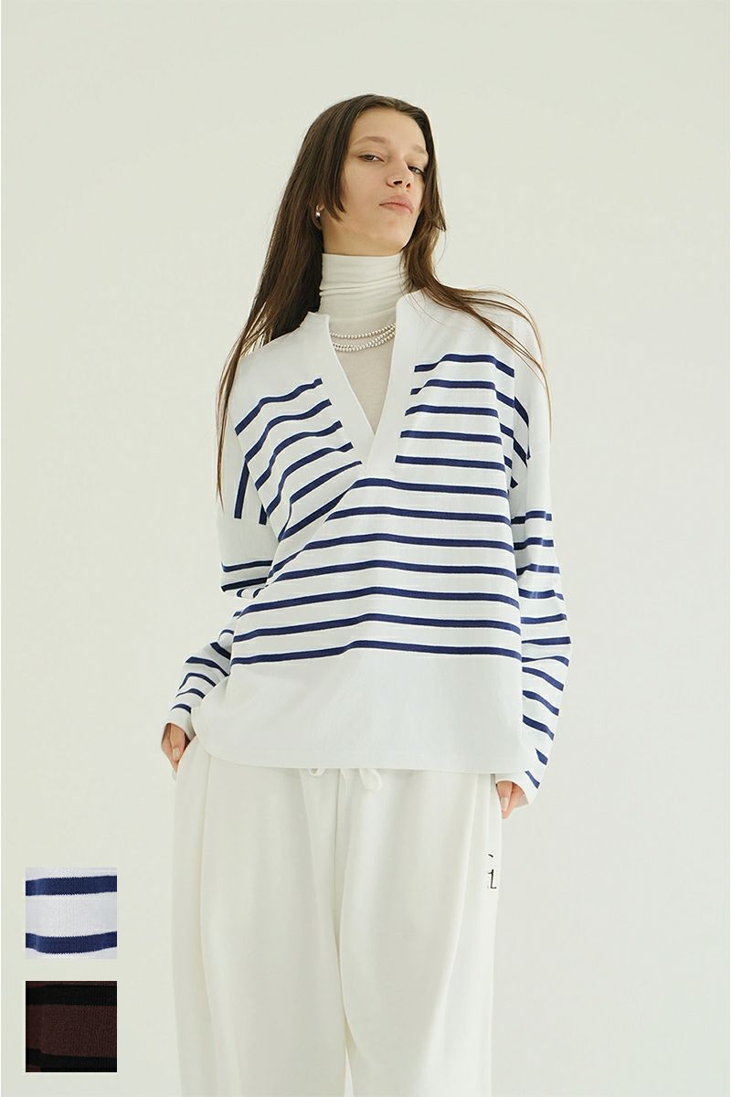 CLANE(クラネ) WIDE HENRY NECK BORDER TOPS ワイドヘンリーネックボーダートップス 19105-1242