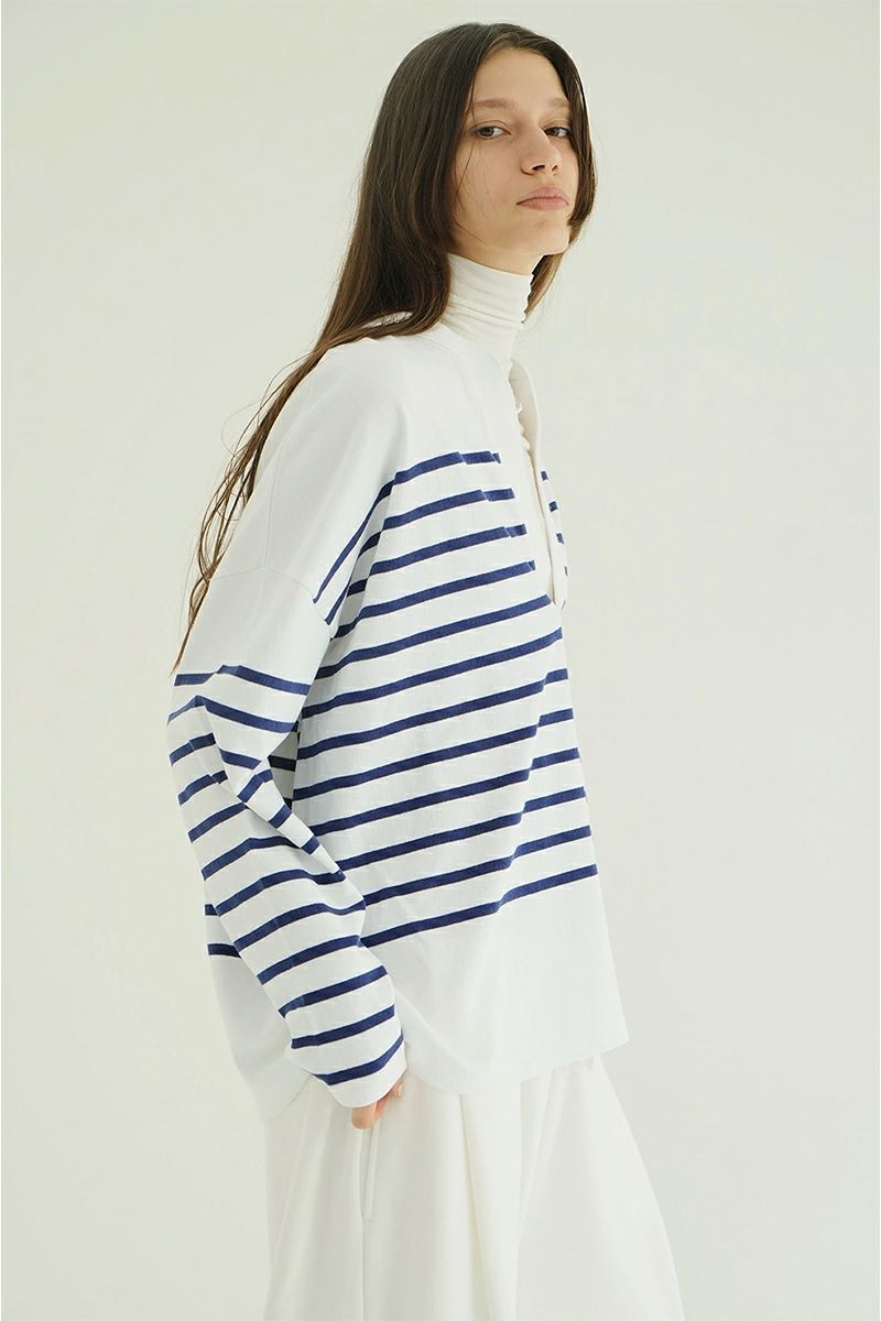 CLANE(クラネ) WIDE HENRY NECK BORDER TOPS ワイドヘンリーネックボーダートップス 19105-1242