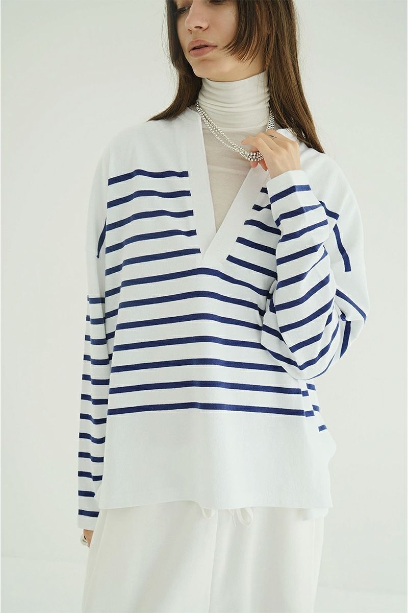 CLANE(クラネ) WIDE HENRY NECK BORDER TOPS ワイドヘンリーネックボーダートップス 19105-1242