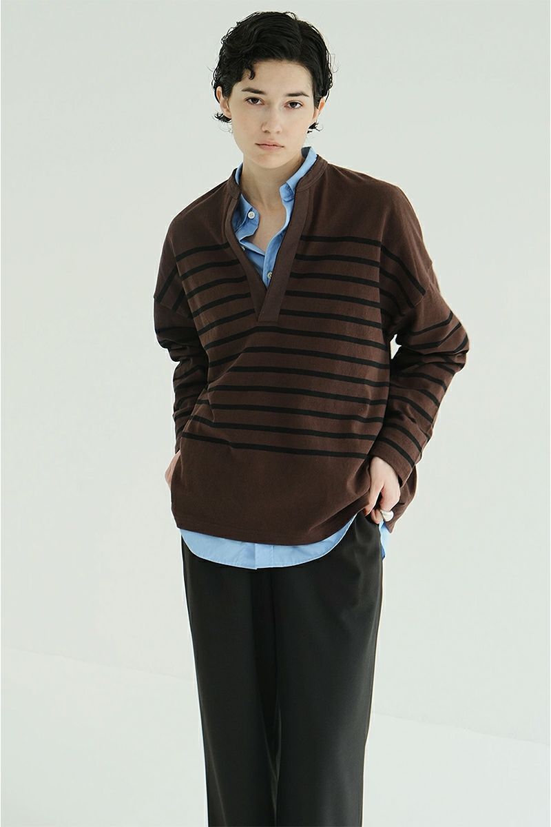 CLANE(クラネ) WIDE HENRY NECK BORDER TOPS ワイドヘンリーネックボーダートップス 19105-1242